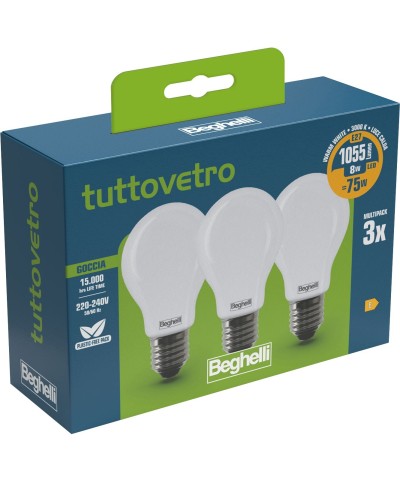Ferramenta1.com | Beghelli led goccia e27  8w 58050 calda 3000k 3 pz - CF 10