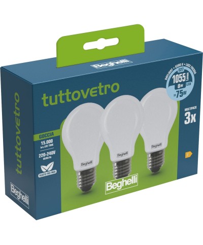 Ferramenta1.com | Beghelli led goccia e27  8w 58052 fredda 6500k 3 pz - CF 10